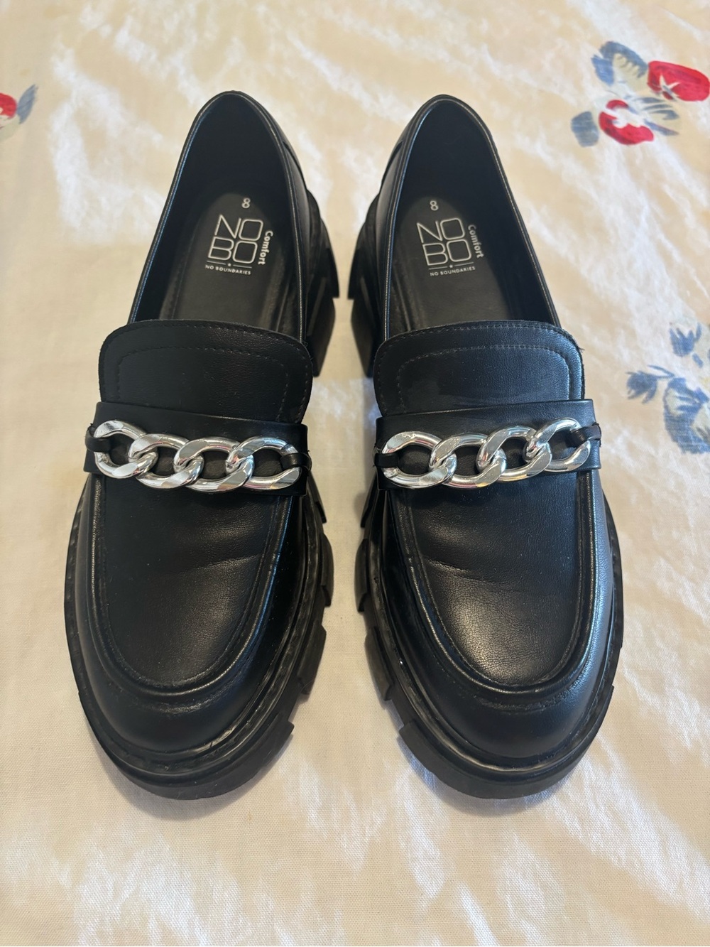 NOBO Black Leather Loafers with Silver Chain Accent